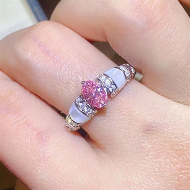 Colorful Oval Egg-Shaped Mother-of-Pearl Moissanite Ring -R004