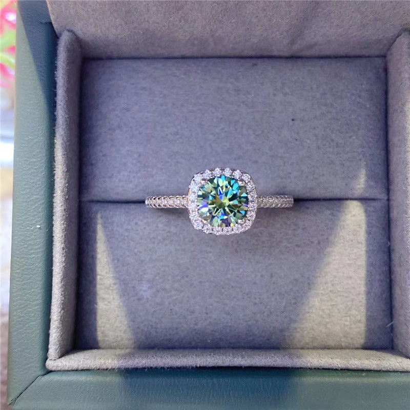 Green Four Claw Square Cut Moissanite Ring 925 Silver-R016
